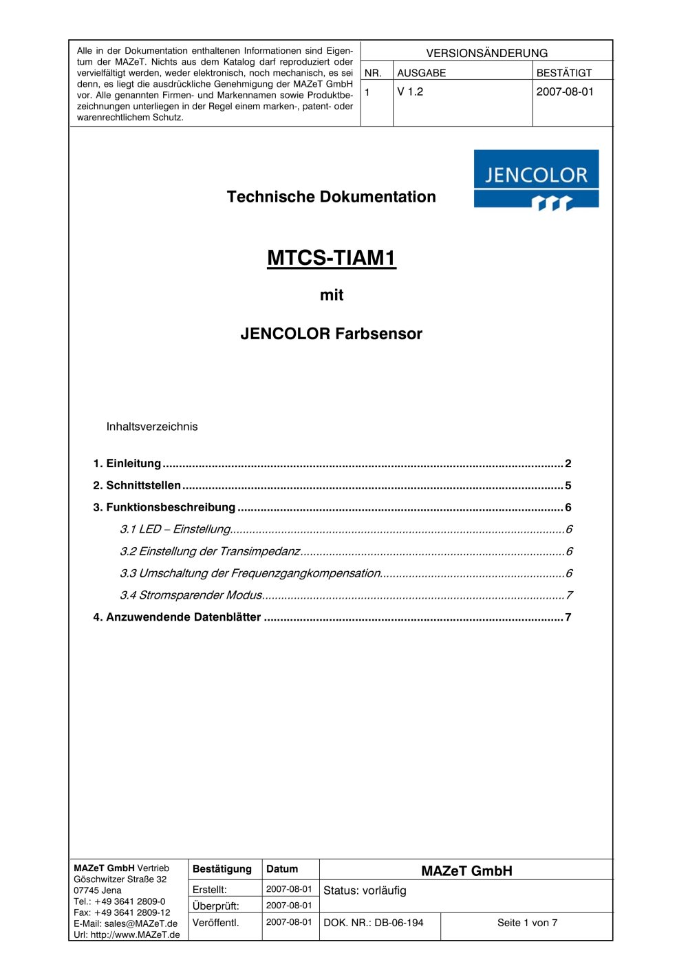 Technical Documentation MTCS-TIAM1 with JENCOLOR color sensor - MAZeT
