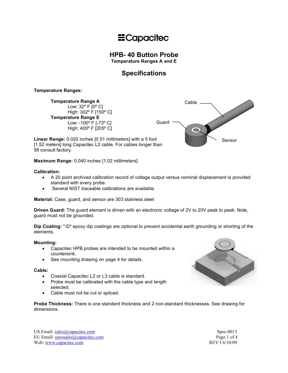 HPB- 40 Button Probe Temperature Ranges A and E - CAPACITEC