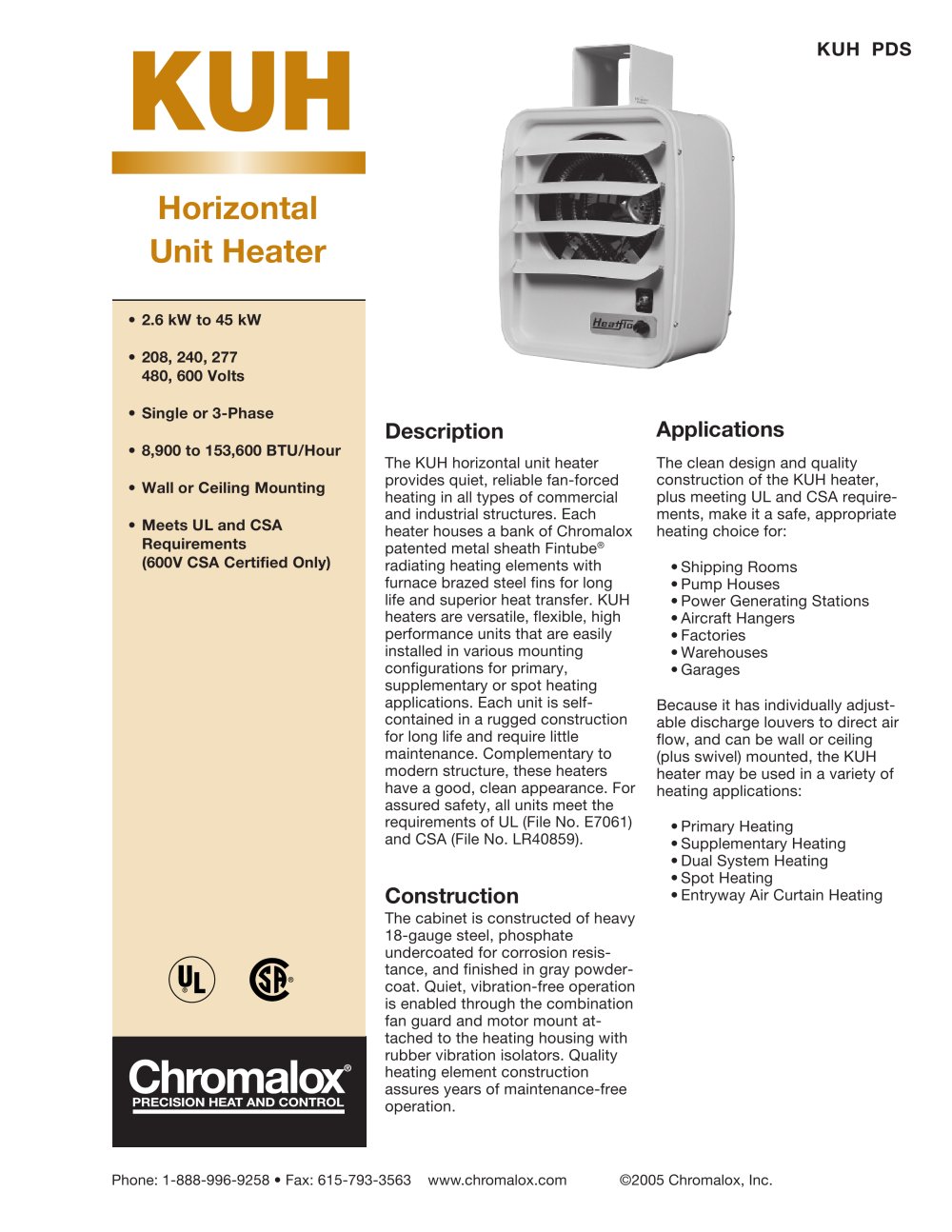 KUH Horizontal Unit Heater PDS - Chromalox