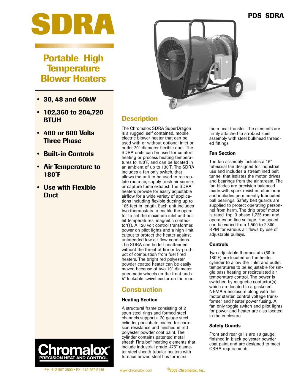 SDRA Portable High Temperature Blower Heaters PDS - Chromalox