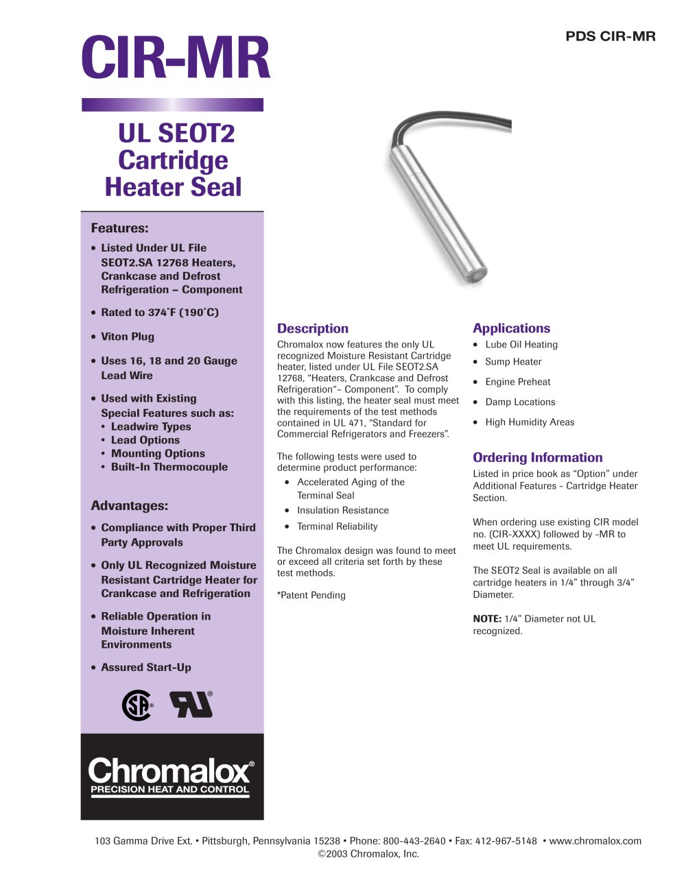 UL SEOT2 Cartridge Heaters Seal - Chromalox