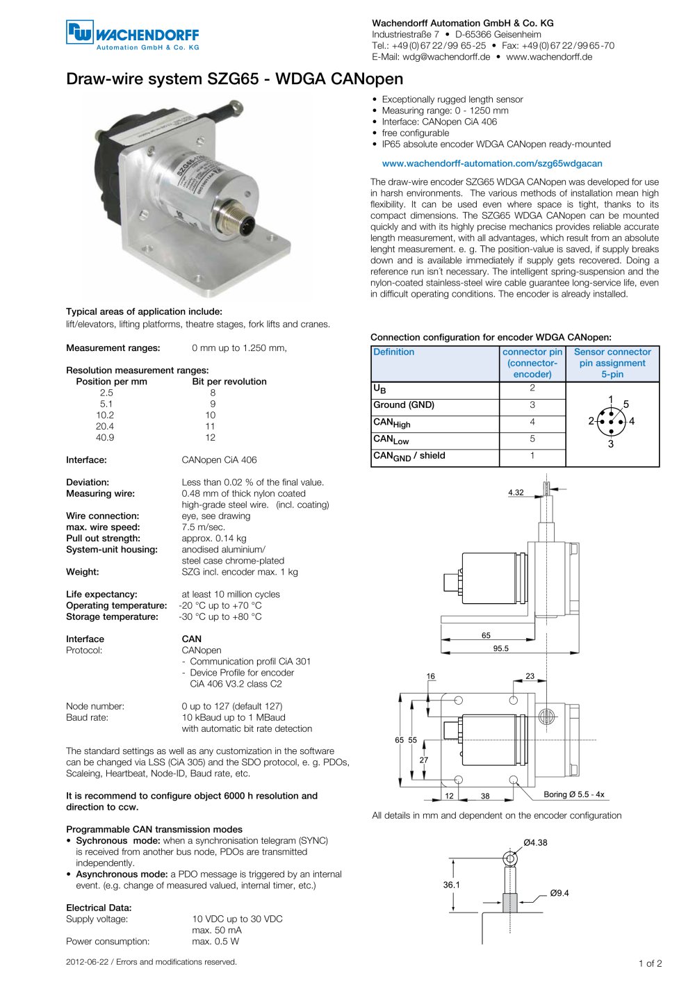 Assembly instructions draw-wire system SZG65 with absolute encoder WDGA 36Z CANopen - 1 / 3 Pages