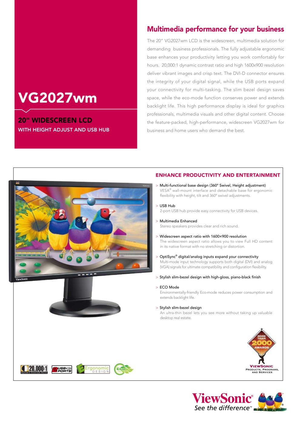 VG2027wm Multimedia performance for your business - ViewSonic
