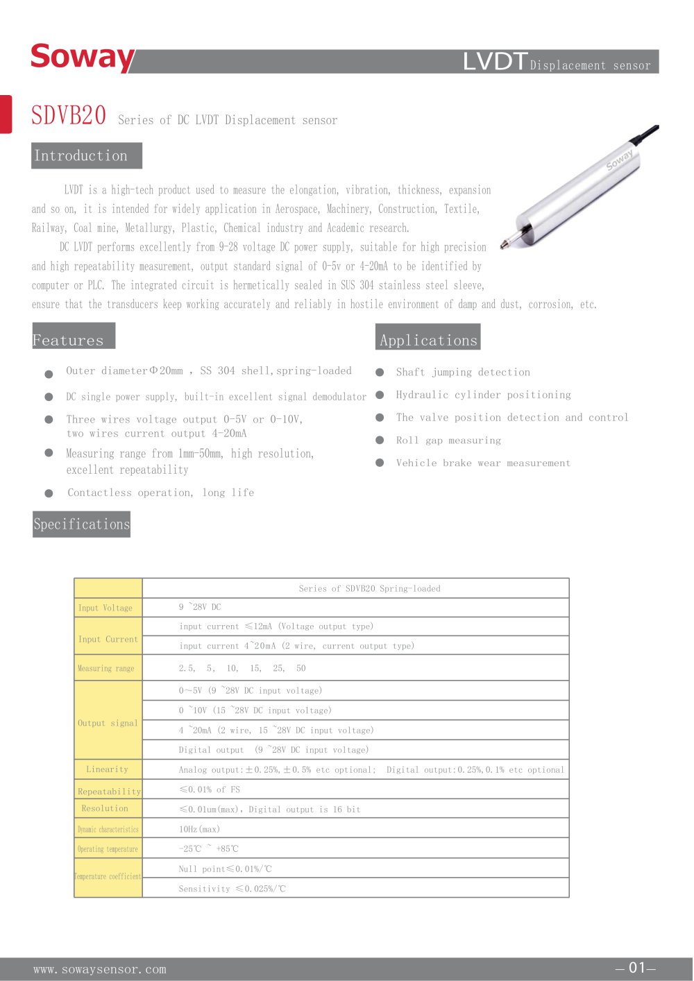 SOWAY LVDT displacement transducers SDVB20 - 1 / 4 Pages
