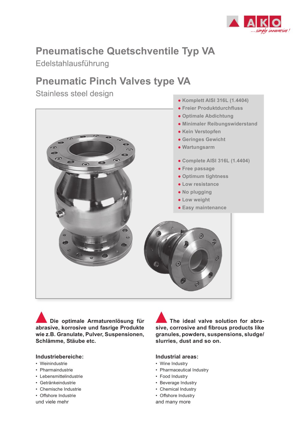 Hose Pinch Valve; AKO air operated Pinch Valves with Flange Connection - VA Series - AKO ARMATUREN