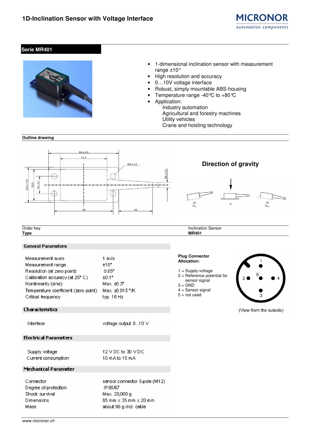 Compact 1D-Inclination Sensor with Voltage Output Typ: MR 401 - Micronor
