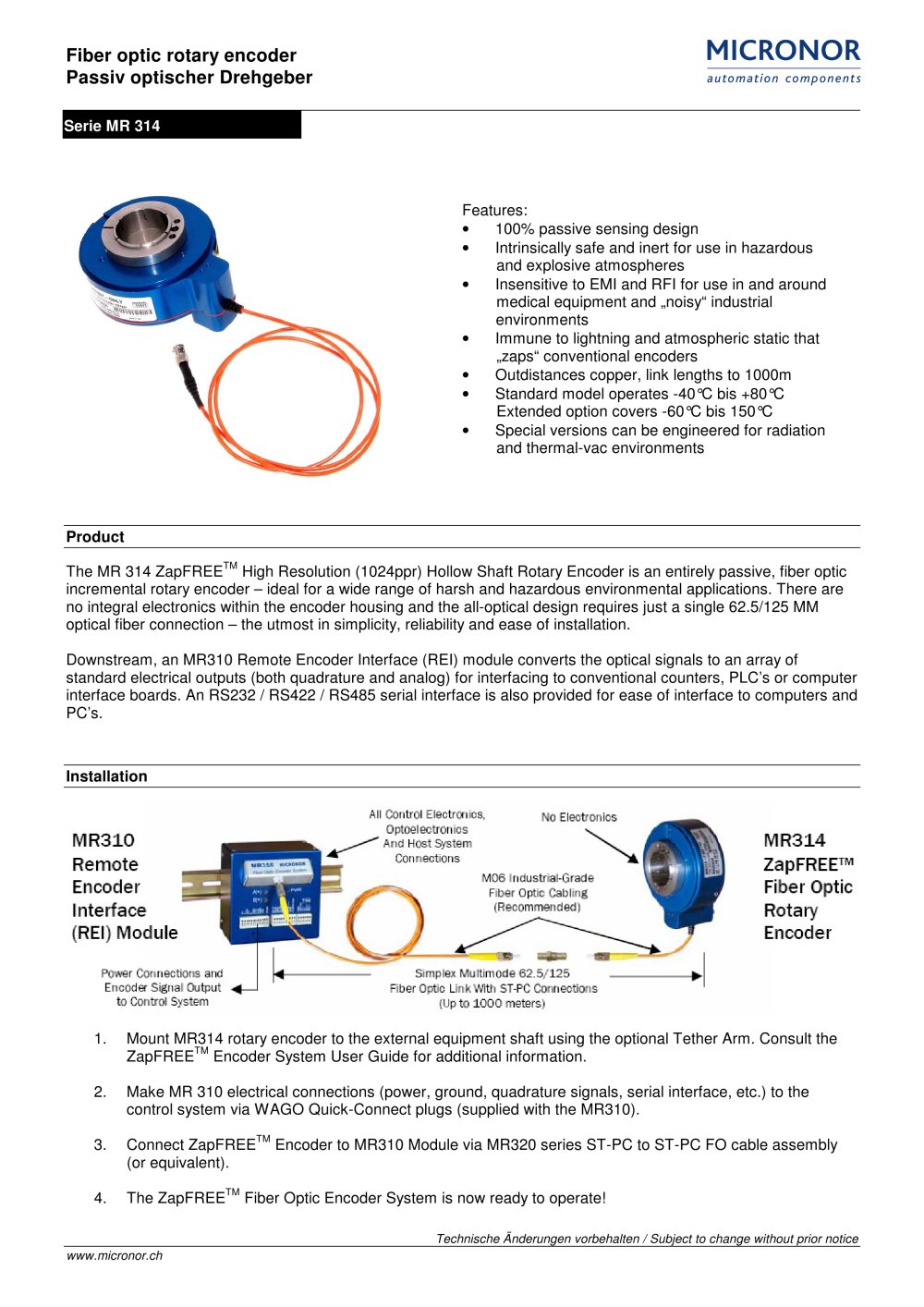 Fiber Optic Rotary Encoder, hollow shaft type Typ: MR 314 - Micronor