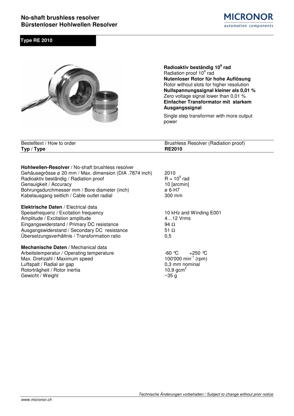 Hollow shaft Resolver, Size 08 Typ: RE2010 - Micronor