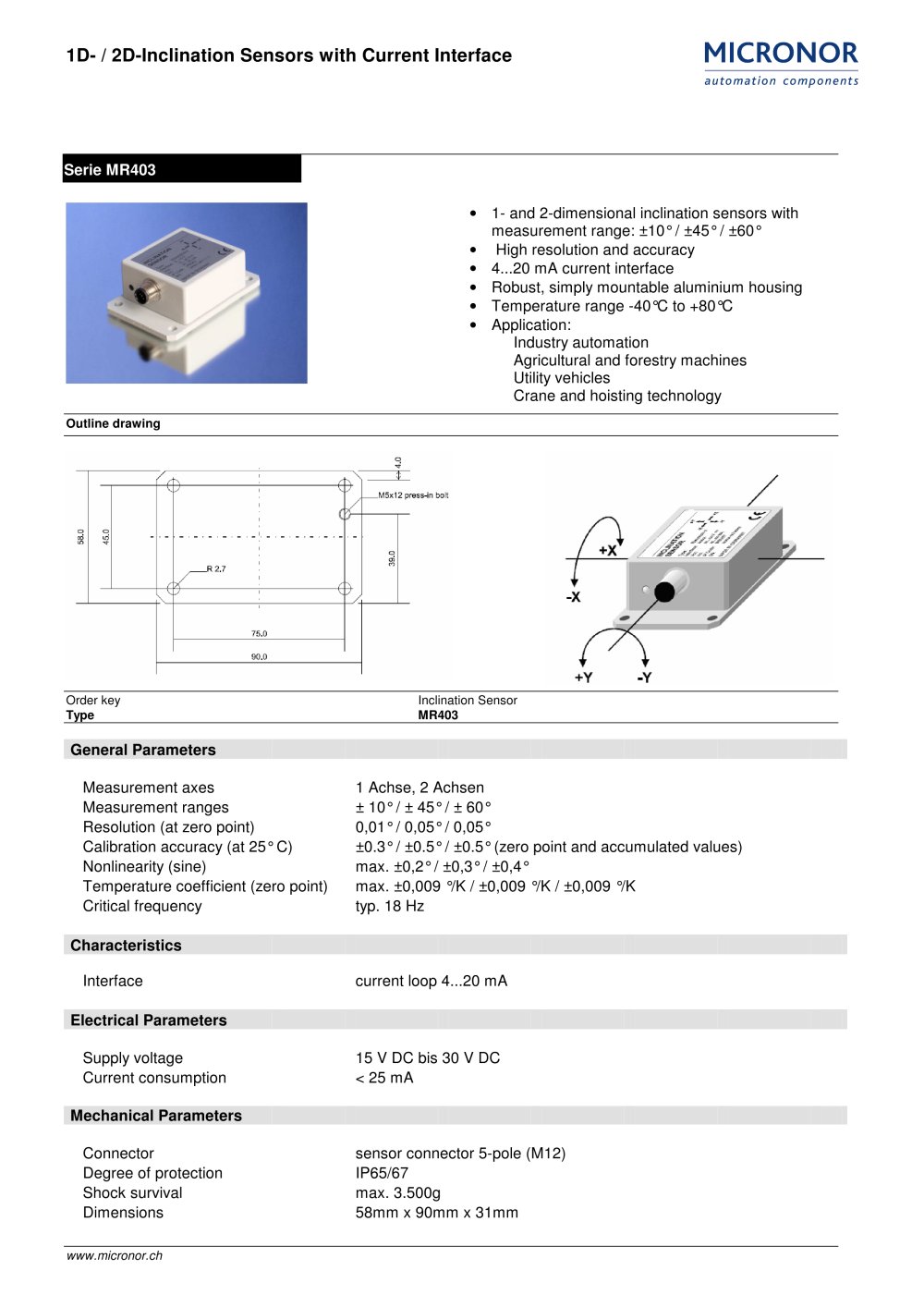 Inclination Sensor 1D or 2D with current output Typ: MR 403 - Micronor