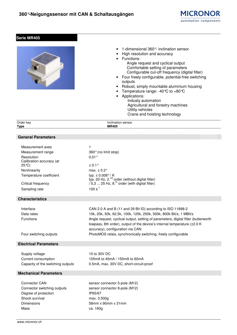 Inclination Sensor 1D with CAN & switching outputs Typ: MR 405 - Micronor
