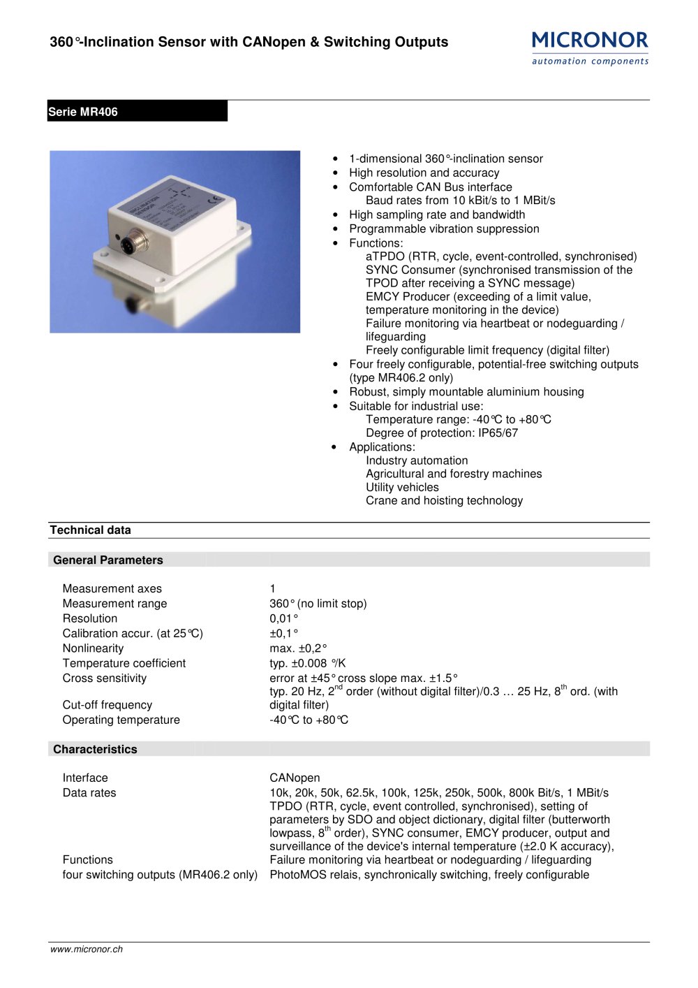 Inclination Sensor 1D with CANopen & switching outputs Typ: MR 406 - Micronor