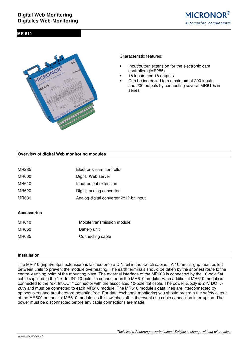 Input/output extension Typ: MR 610 - Micronor