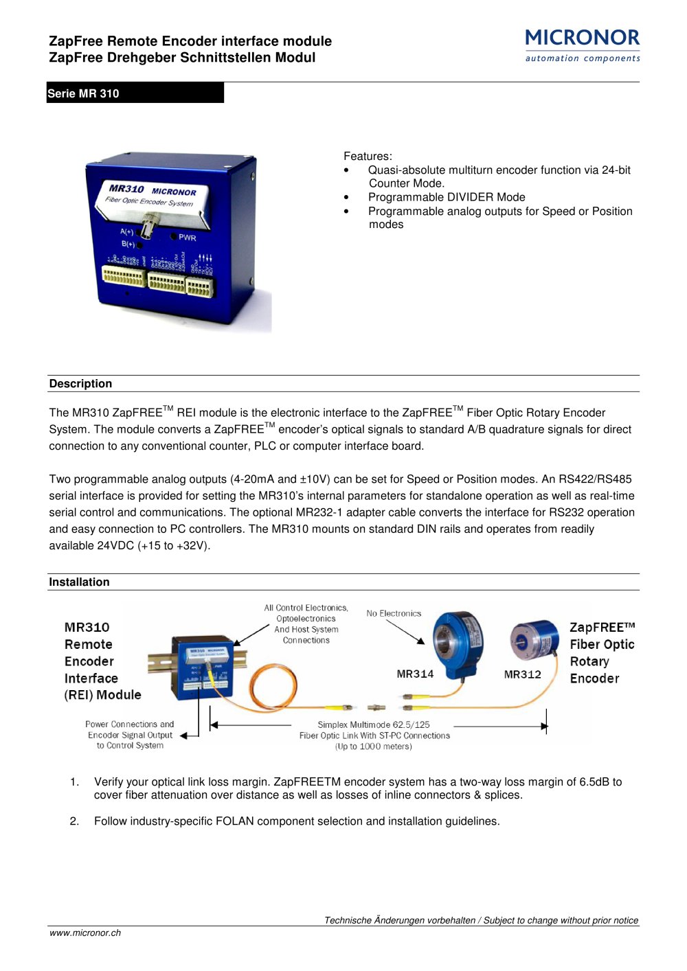 Remote Encoder Interface (REI) Module for MR 312 + MR 314 Typ: MR 310 - Micronor