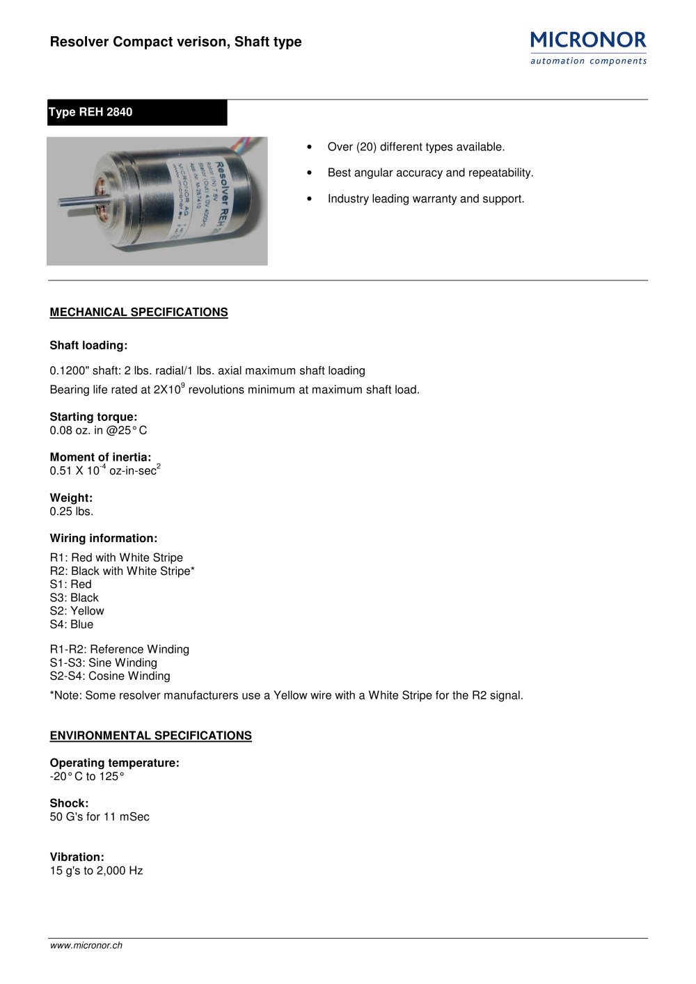 Resolver Compact verison, Shaft type Typ: REH 2840 - Micronor