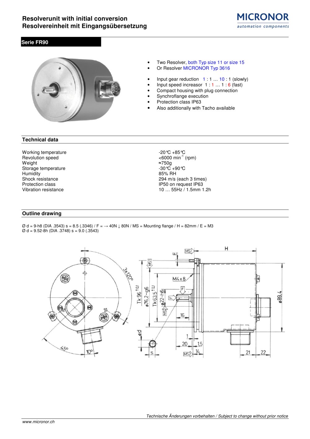 Resolver unit for max two geared Resolver Typ: FR 90 - Micronor