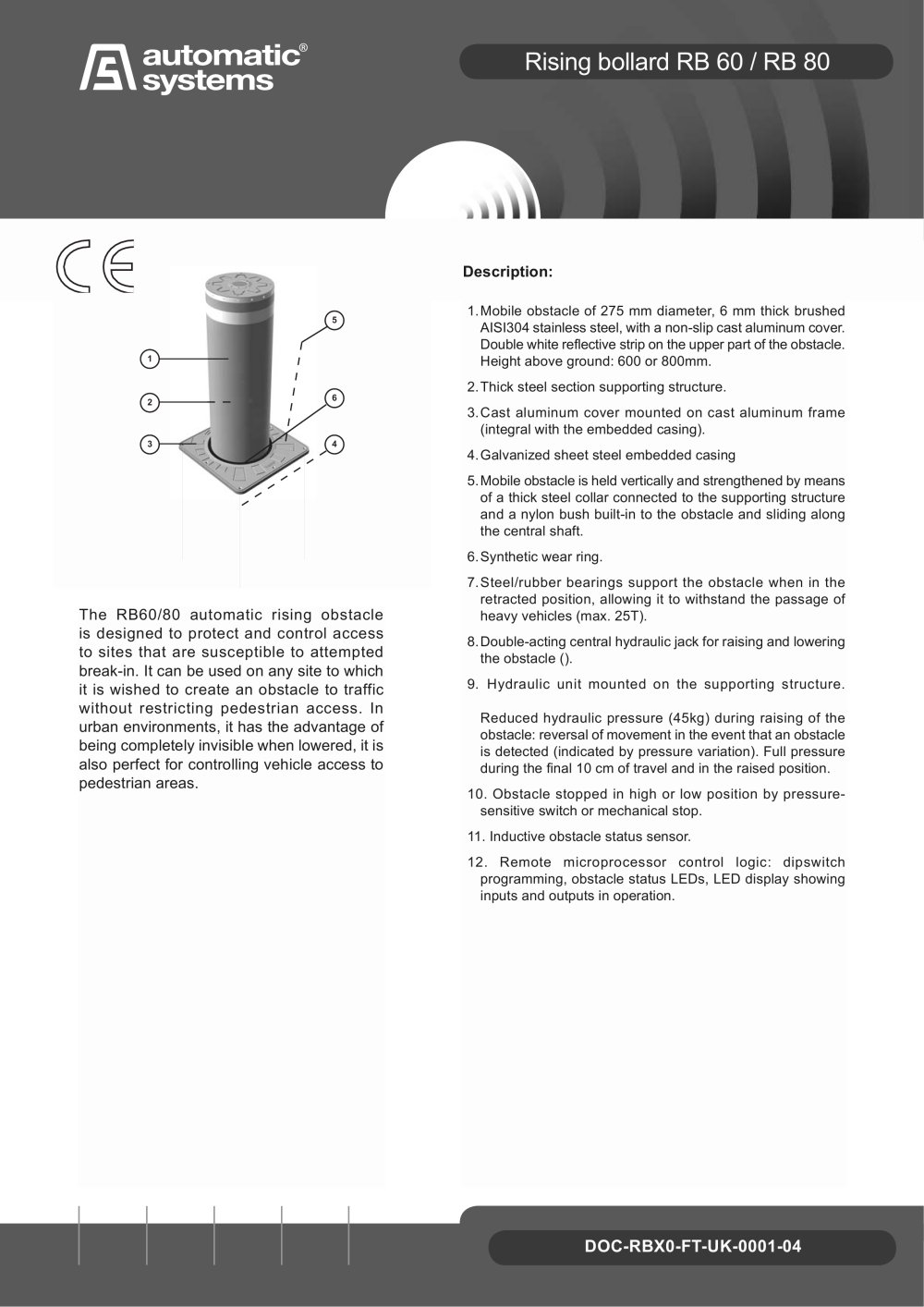 retractable bollard RB 60/80 - AUTOMATIC SYSTEMS