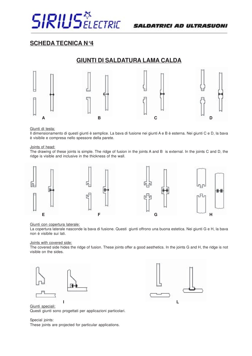 Scheda tecnica Lama  Calda giunti di saldatura - SIRIUS ELECTRIC