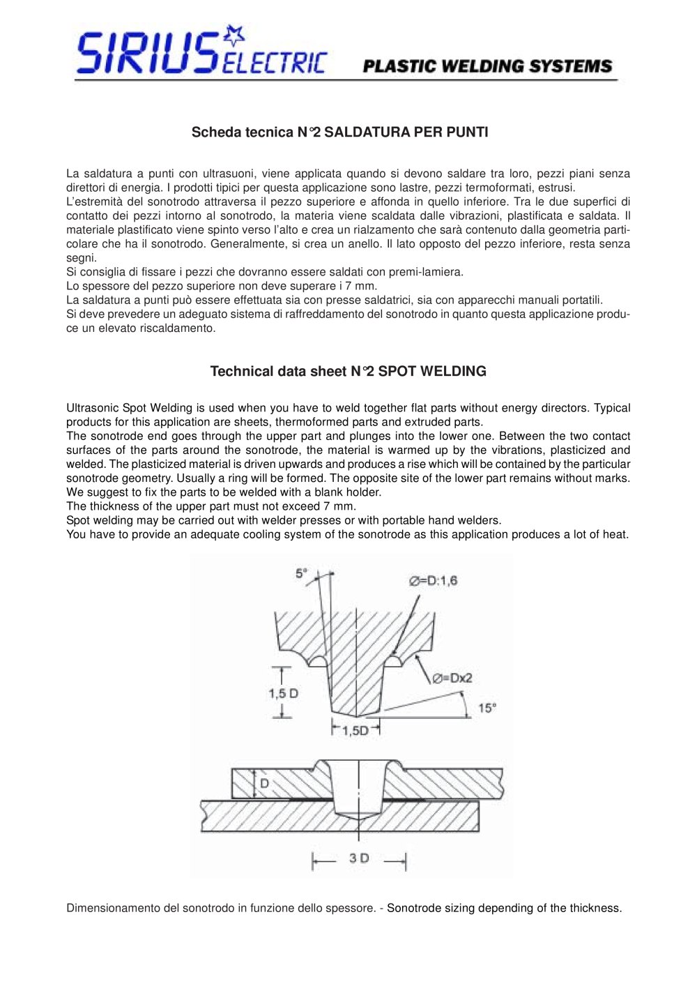 Scheda  tecnica-ultrasuoni Saldatura  punti. Technical  data-ultrasonic  Spot Welding. - SIRIUS ELECTRIC