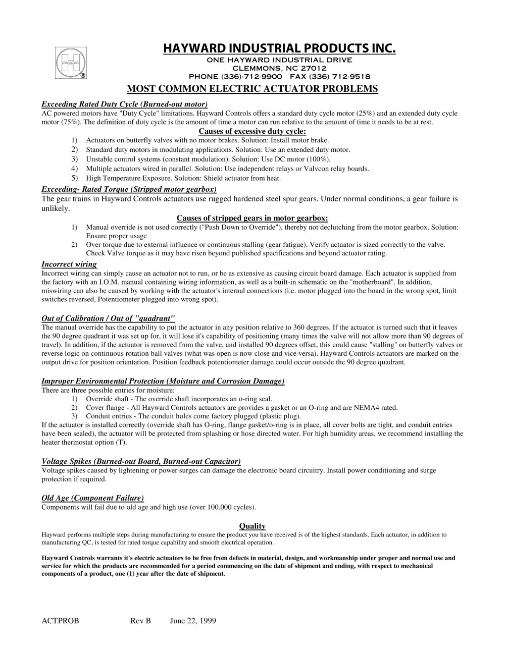Electric Actuator Problems & Solutions - HAYWARD Industries, Inc.