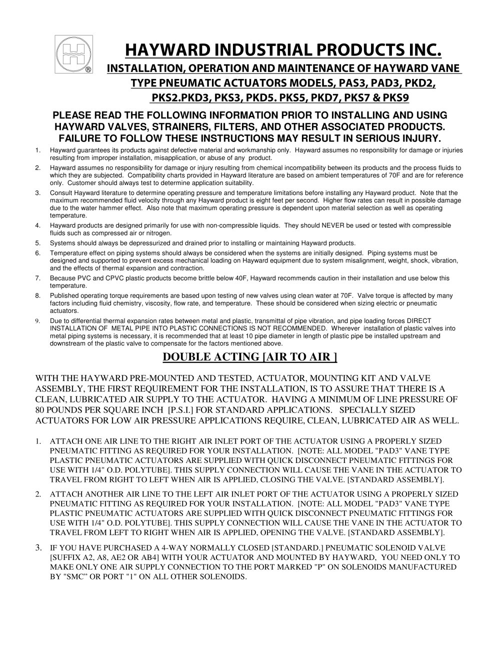 Pneumatic Actuator Models PAD/PAS & PKD/PKS - HAYWARD Industries, Inc.