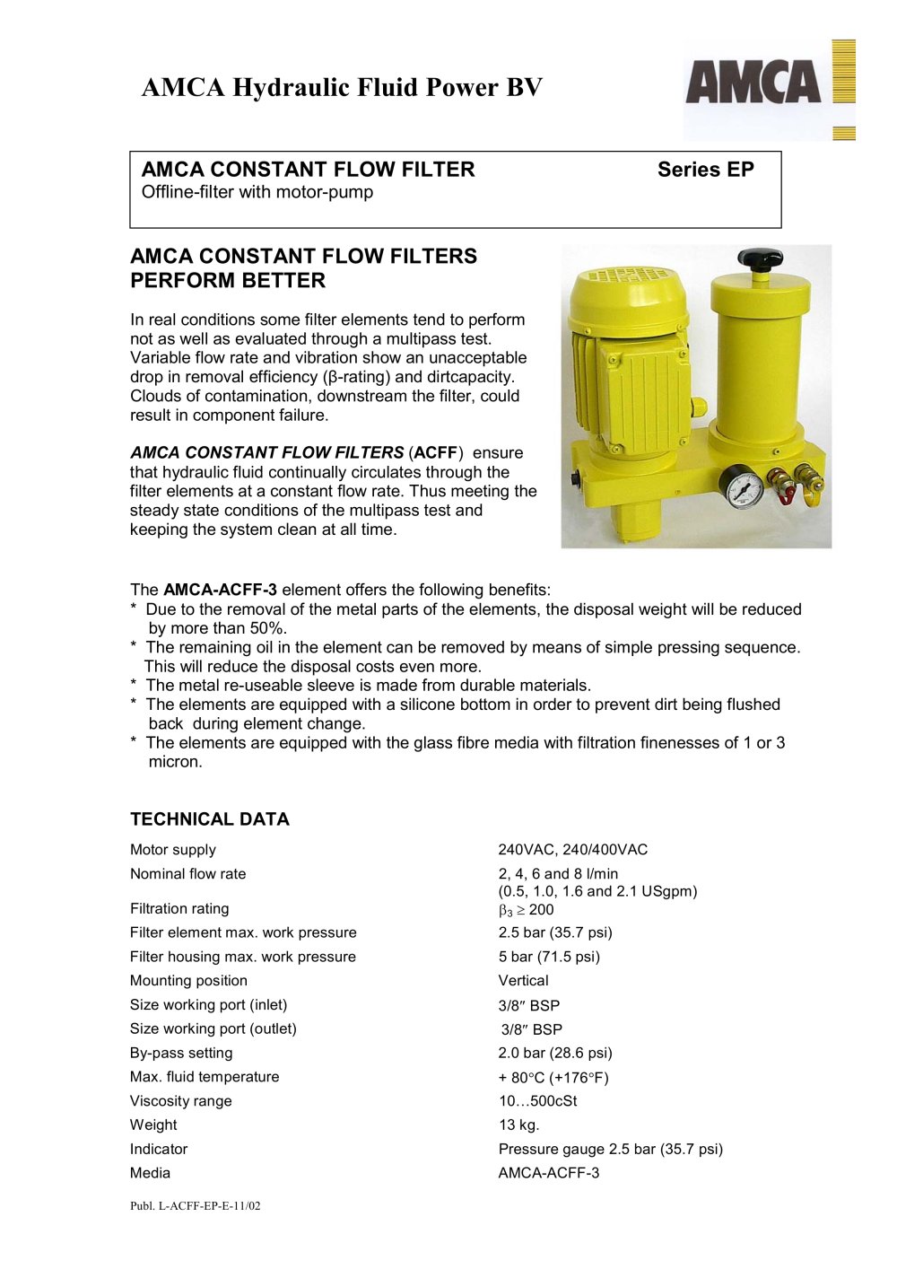 ACFF-EP - Constant flow filter with motor-pump - AMCA Hydraulic Fluid Power