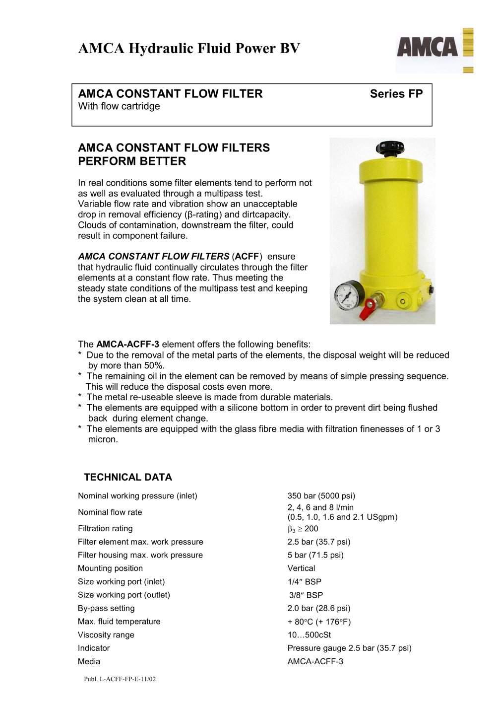 ACFF-FP - Constant flow filter with flow cartridge - AMCA Hydraulic Fluid Power