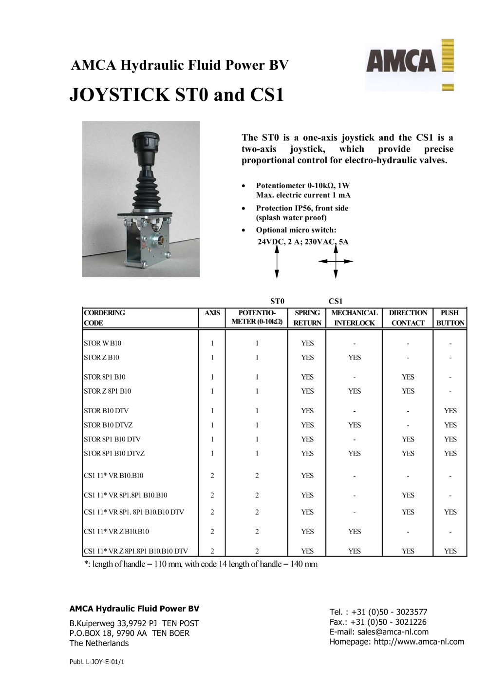 Joysticks - One- or two-axis joystick - AMCA Hydraulic Fluid Power