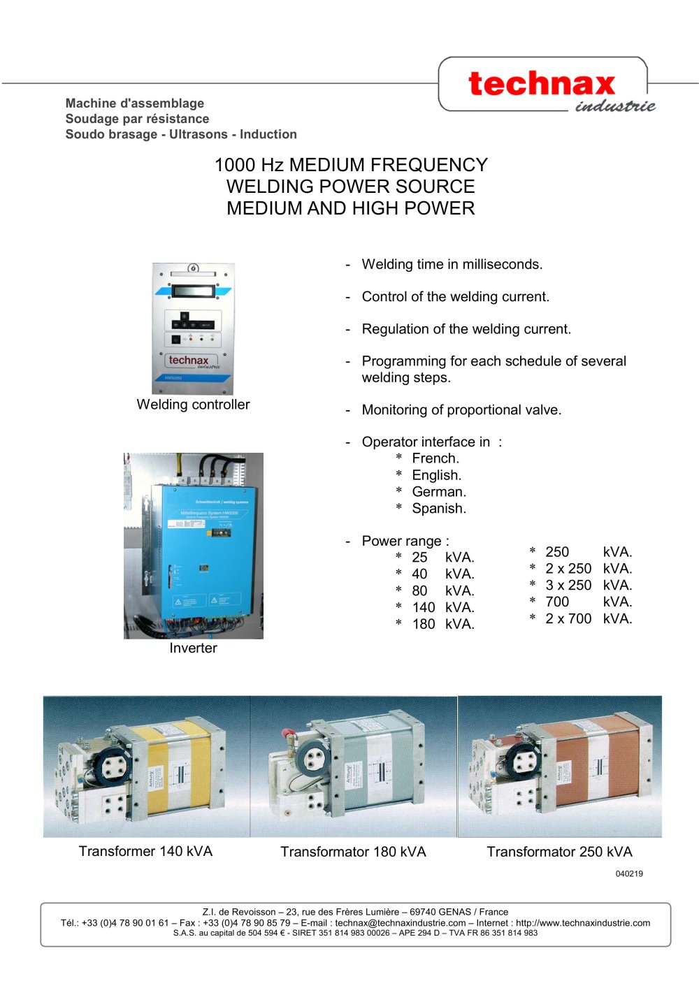 1000 Hz medium frequency welding power source - TECHNAX