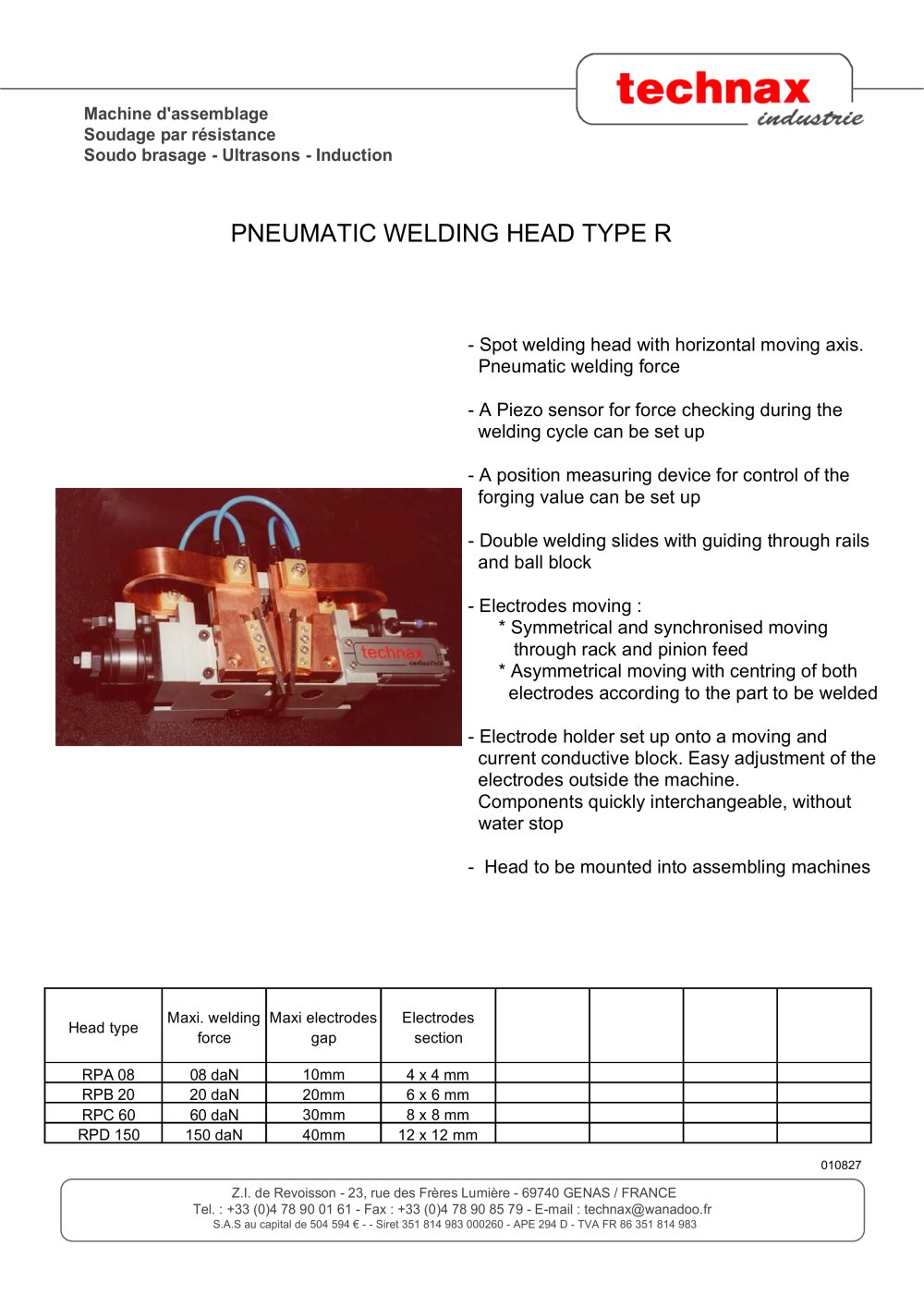 Horizontal resistance welding head type RP - TECHNAX