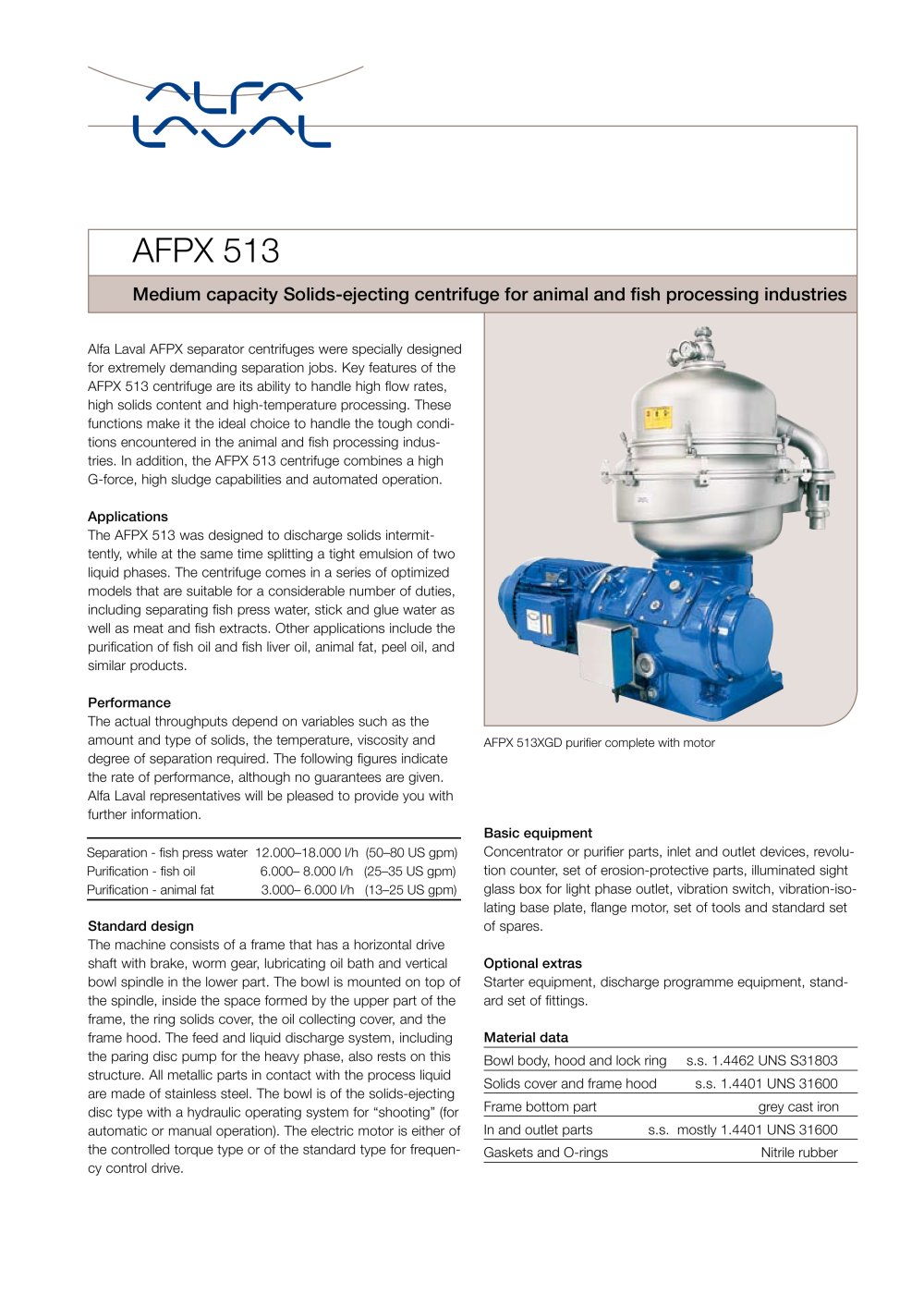 AFPX513 Medium capacity Solids-ejecting centrifuge for animal and fish processing industries - Alfa Laval