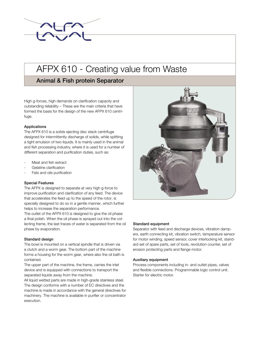 AFPX610 - Animal & Fish protein Separator - Alfa Laval