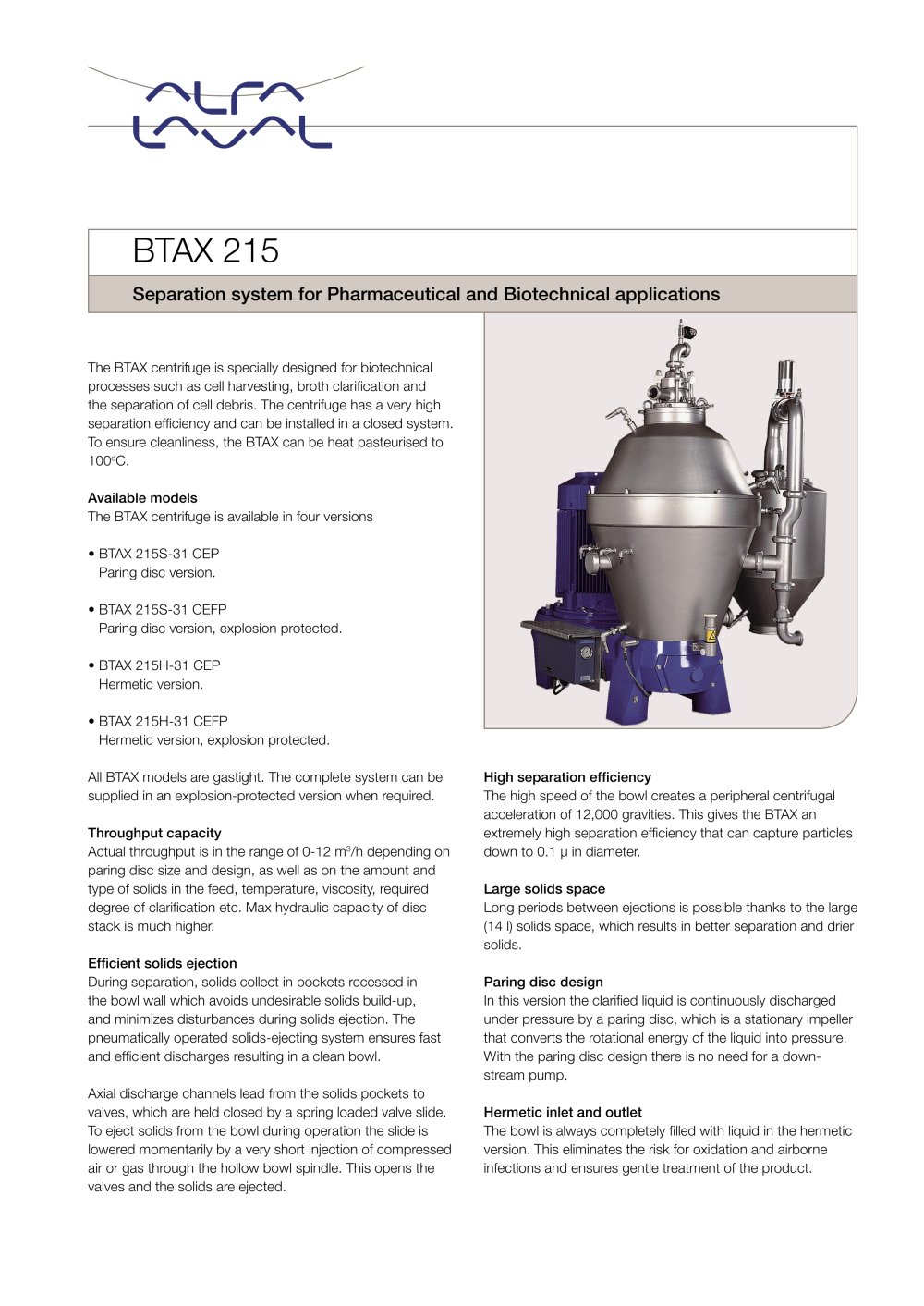 BTAX Series - Separation system for Pharmaceutical and Biotechnical applications - Alfa Laval