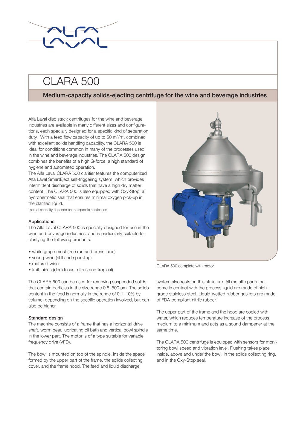 CLARA - CLARA 500 - Medium-capacity solids-ejecting centrifuge for the wine and beverage industries - Alfa Laval