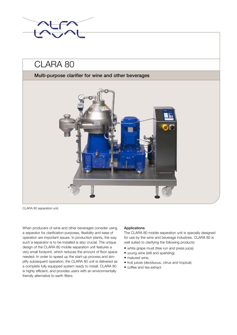 CLARA - CLARA 80 - Multi-purpose clarifier for wine and other beverages - Alfa Laval