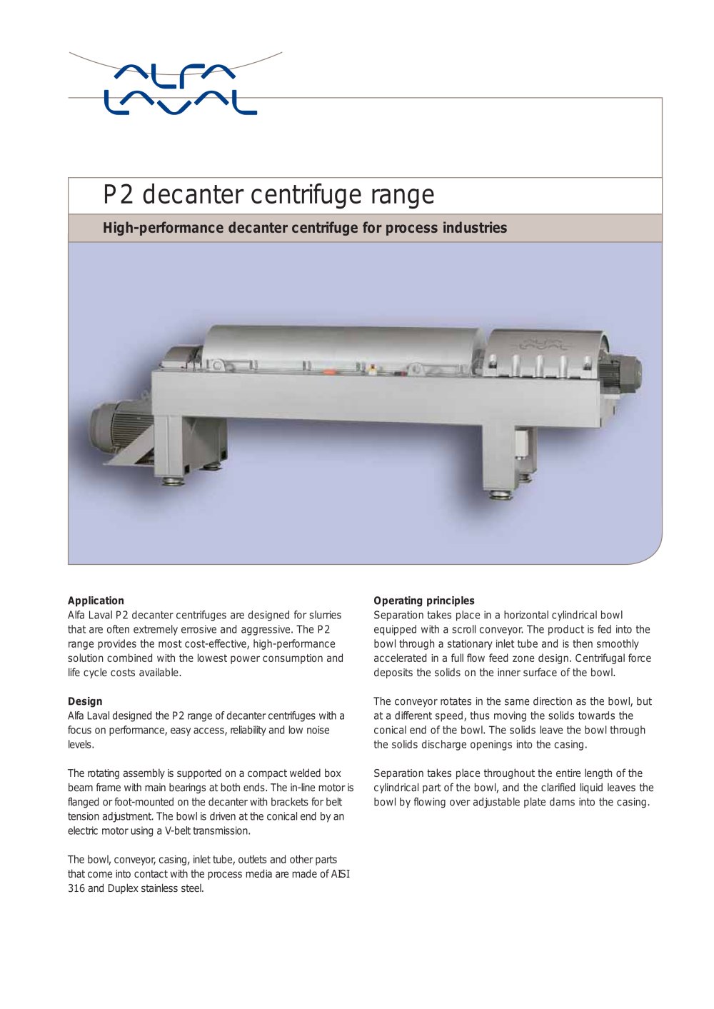 P2 - High performance decanter centrifuge for process industries - Alfa Laval
