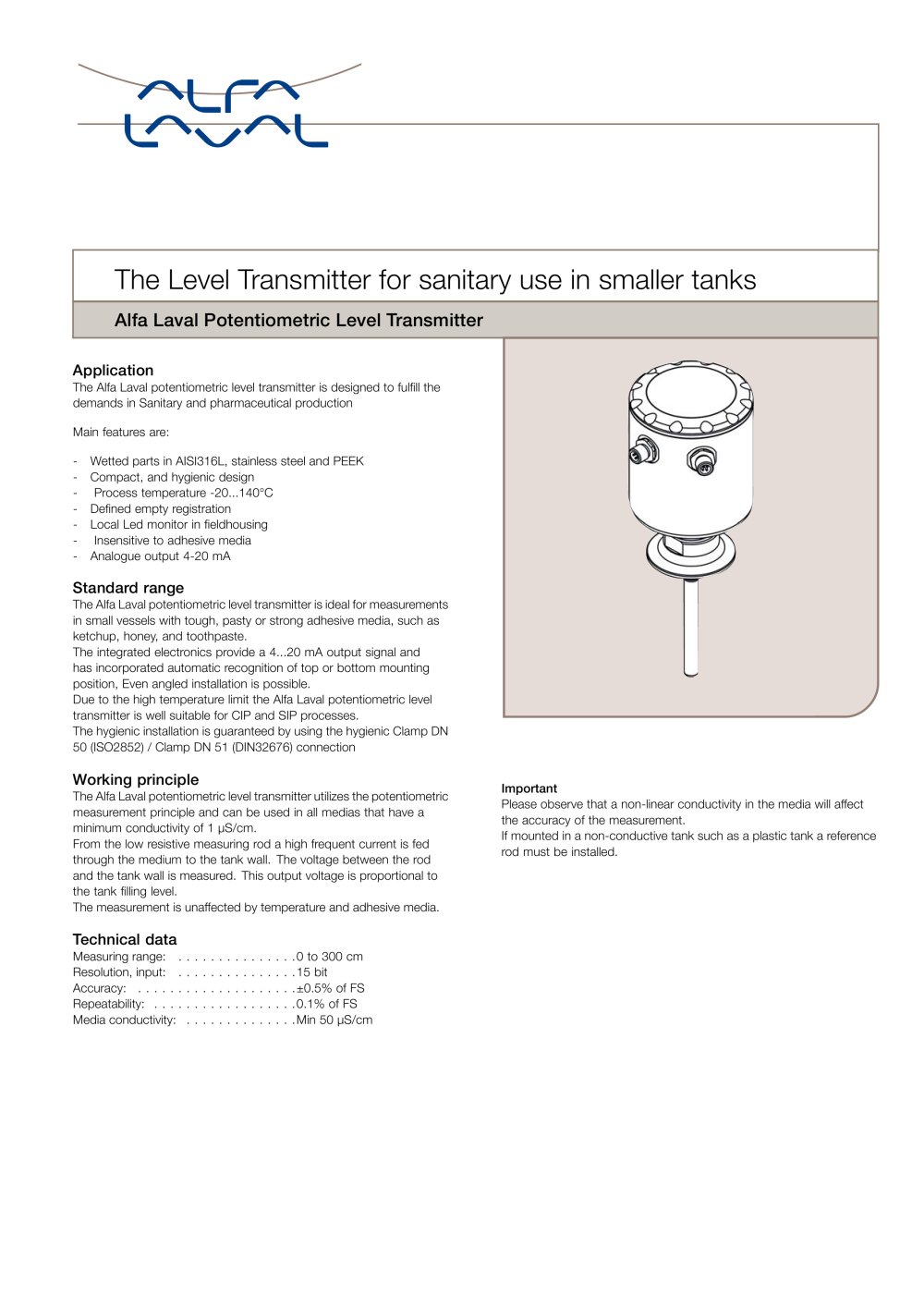 Potentiometric level transmitter - Alfa Laval