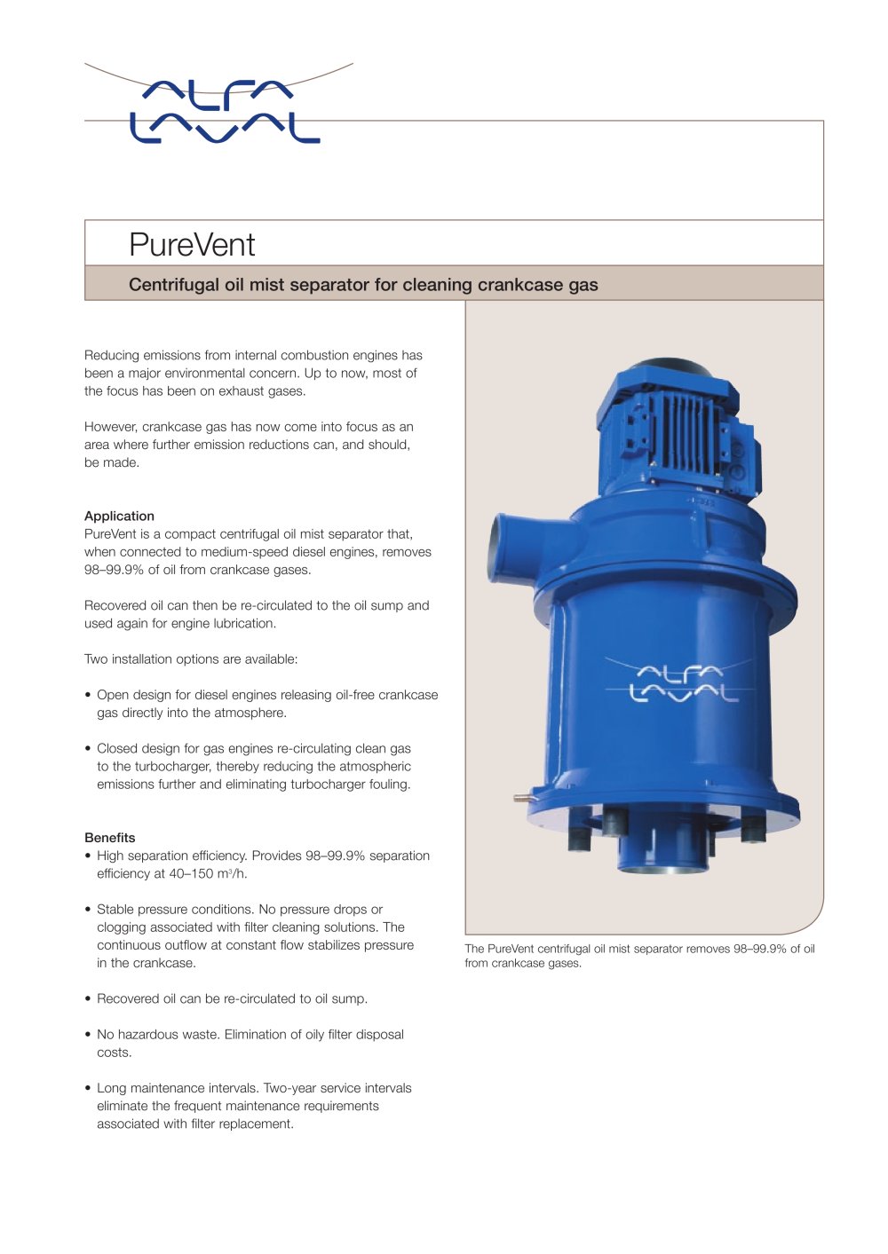 Product leaflet: PureVent - Centrifugal oil mist separator for cleaning crankcase gas - Alfa Laval