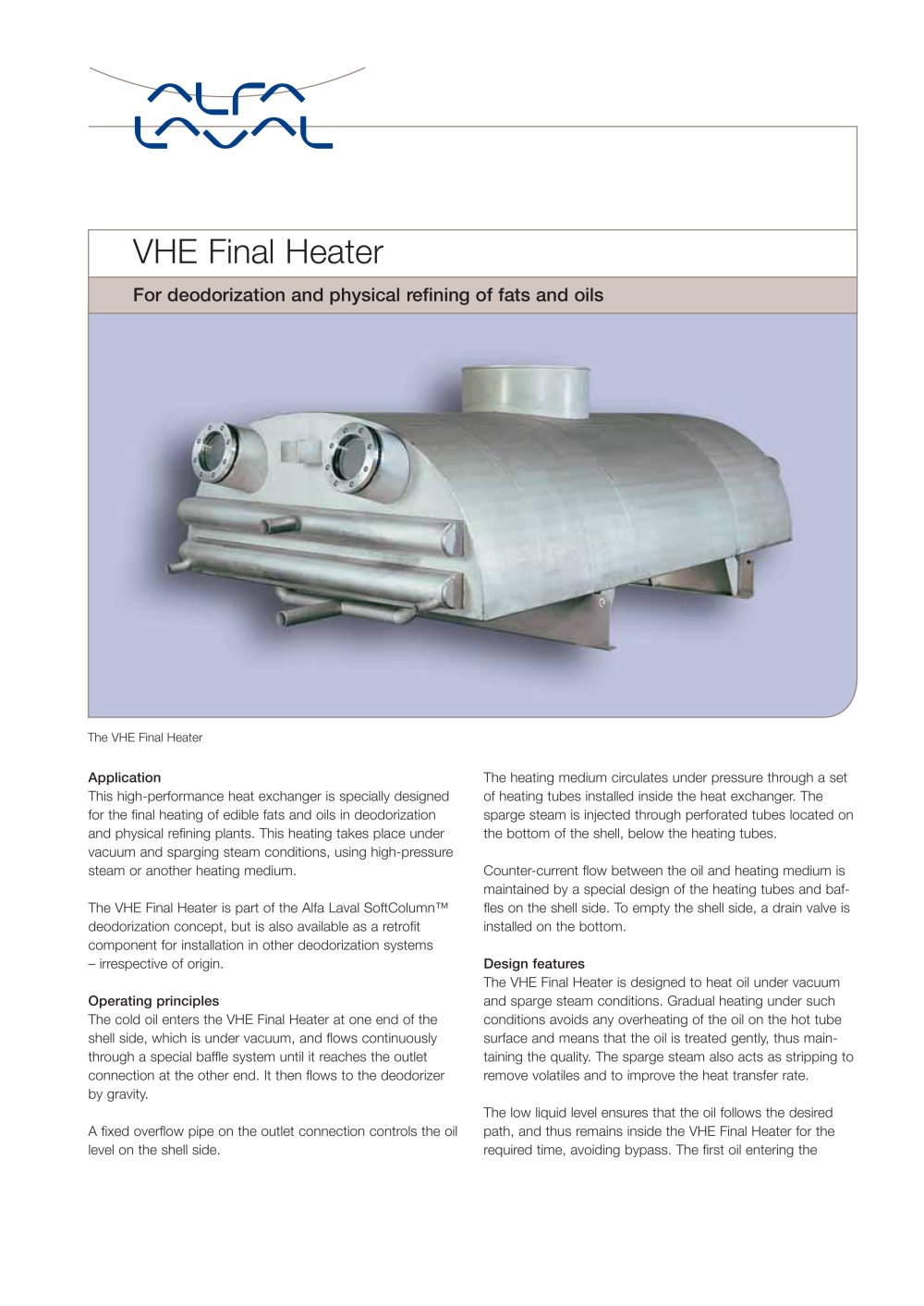 VHE Final heater for deodorization and physical refining of fats and oils - Alfa Laval