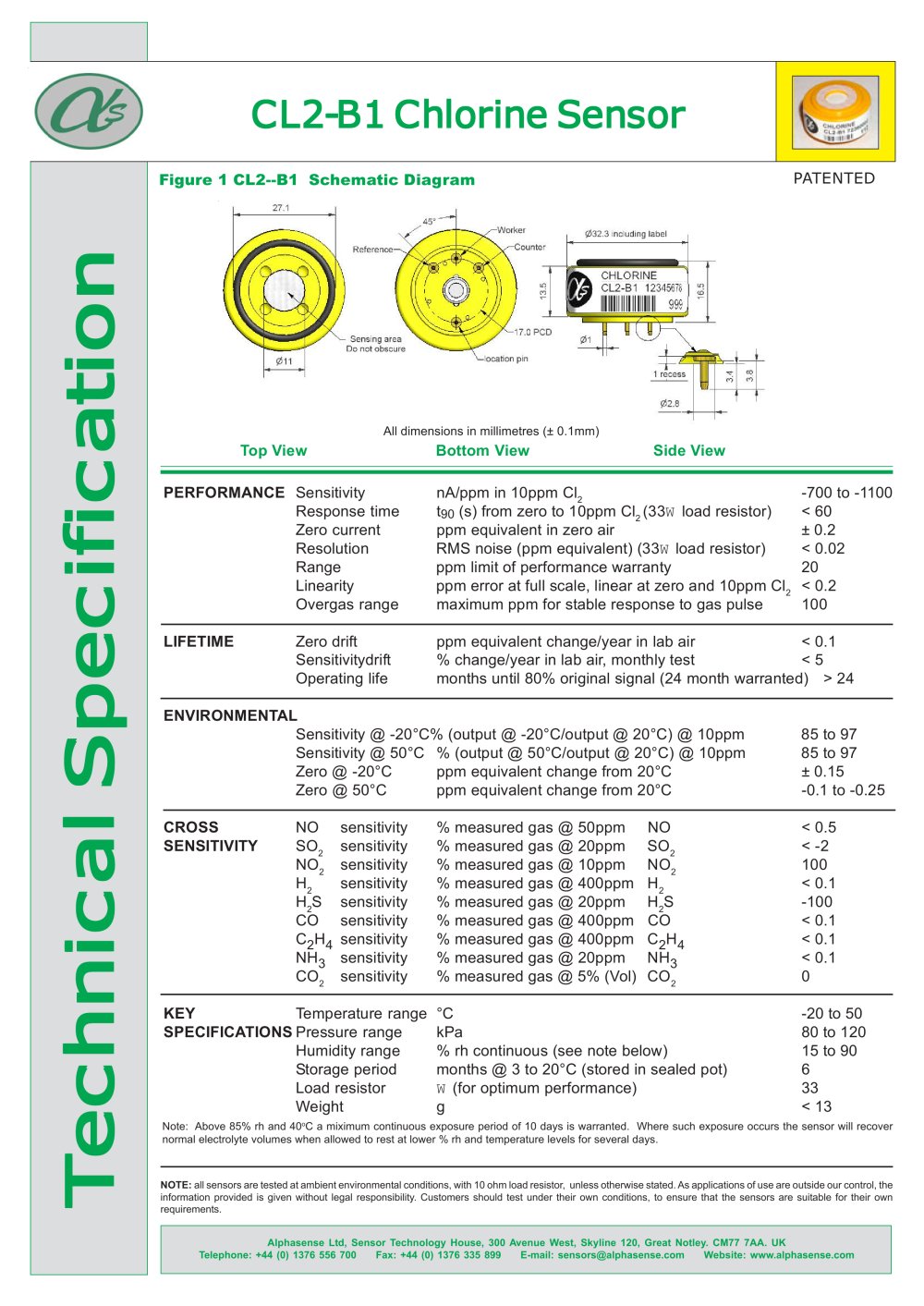 CL2-B1 Chlorine Sensors - Alphasense