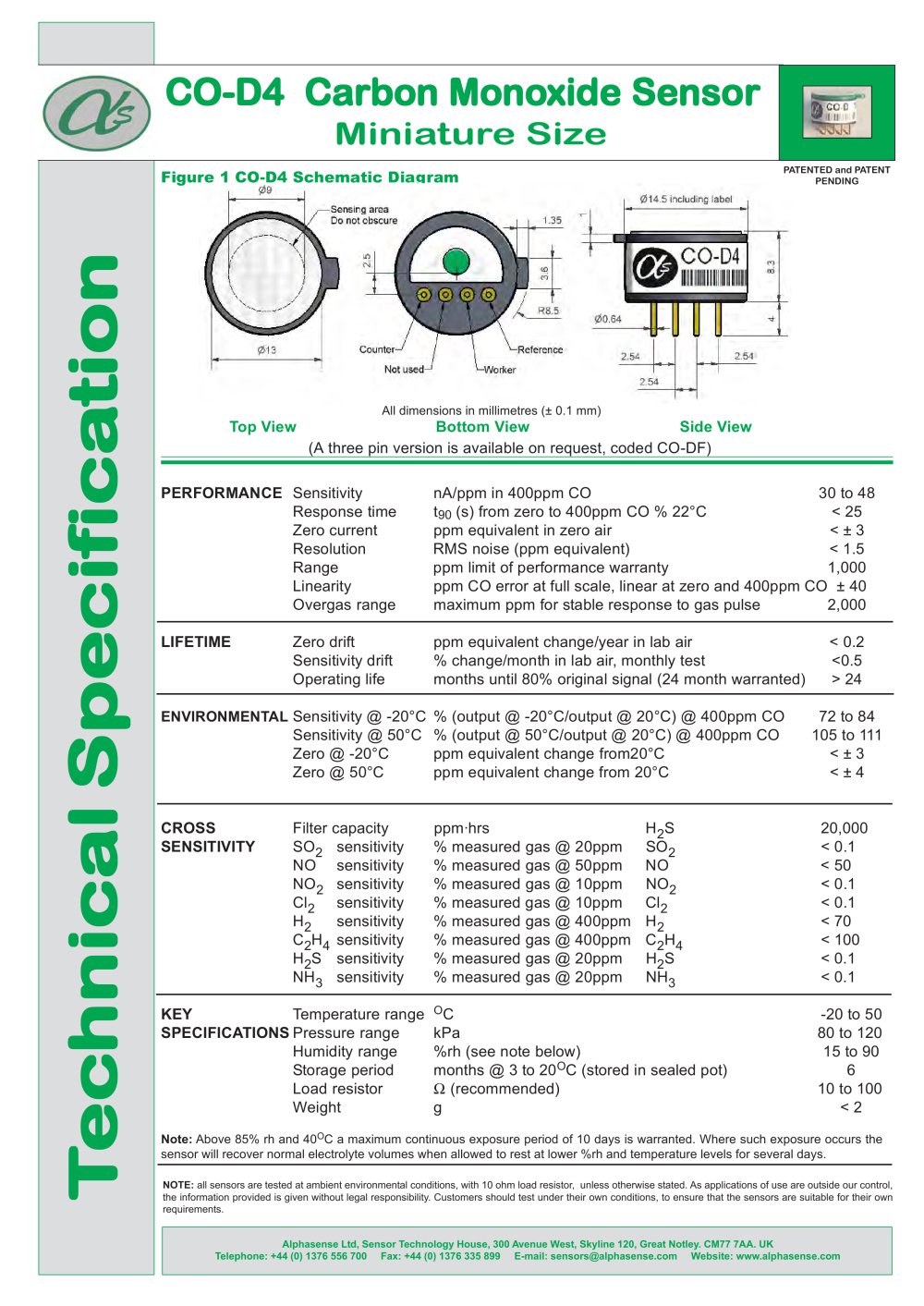 CO-D4 Carbon Monoxide Sensors - Alphasense