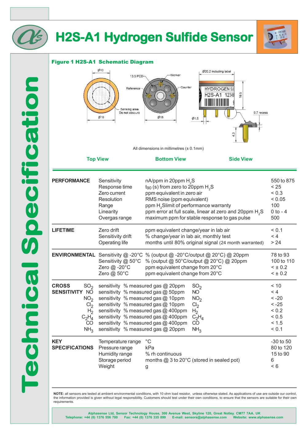 H2S-A1 Hydrogen Sulfide Sensors - Alphasense