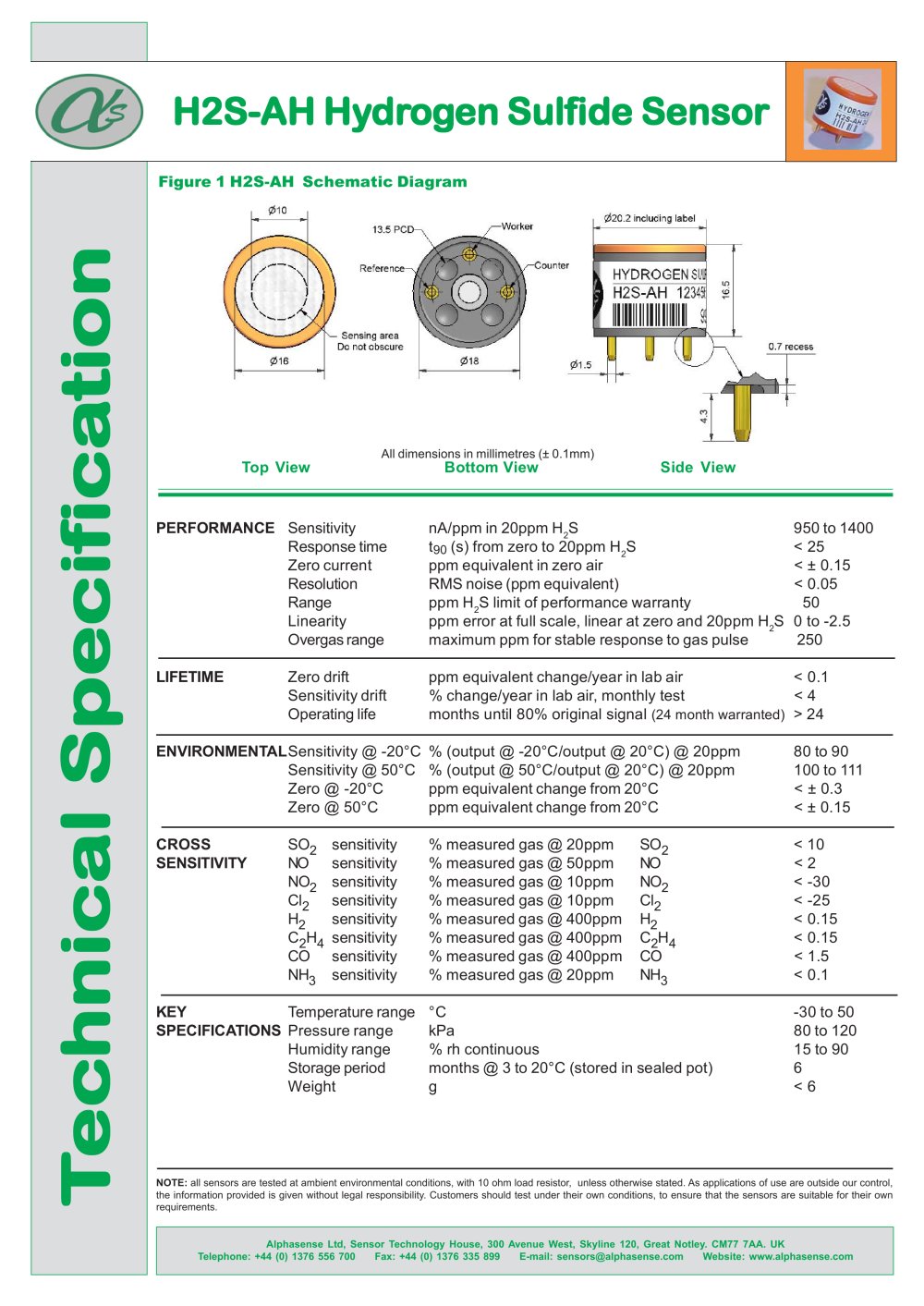 H2S-AH Hydrogen Sulfide Sensors - Alphasense