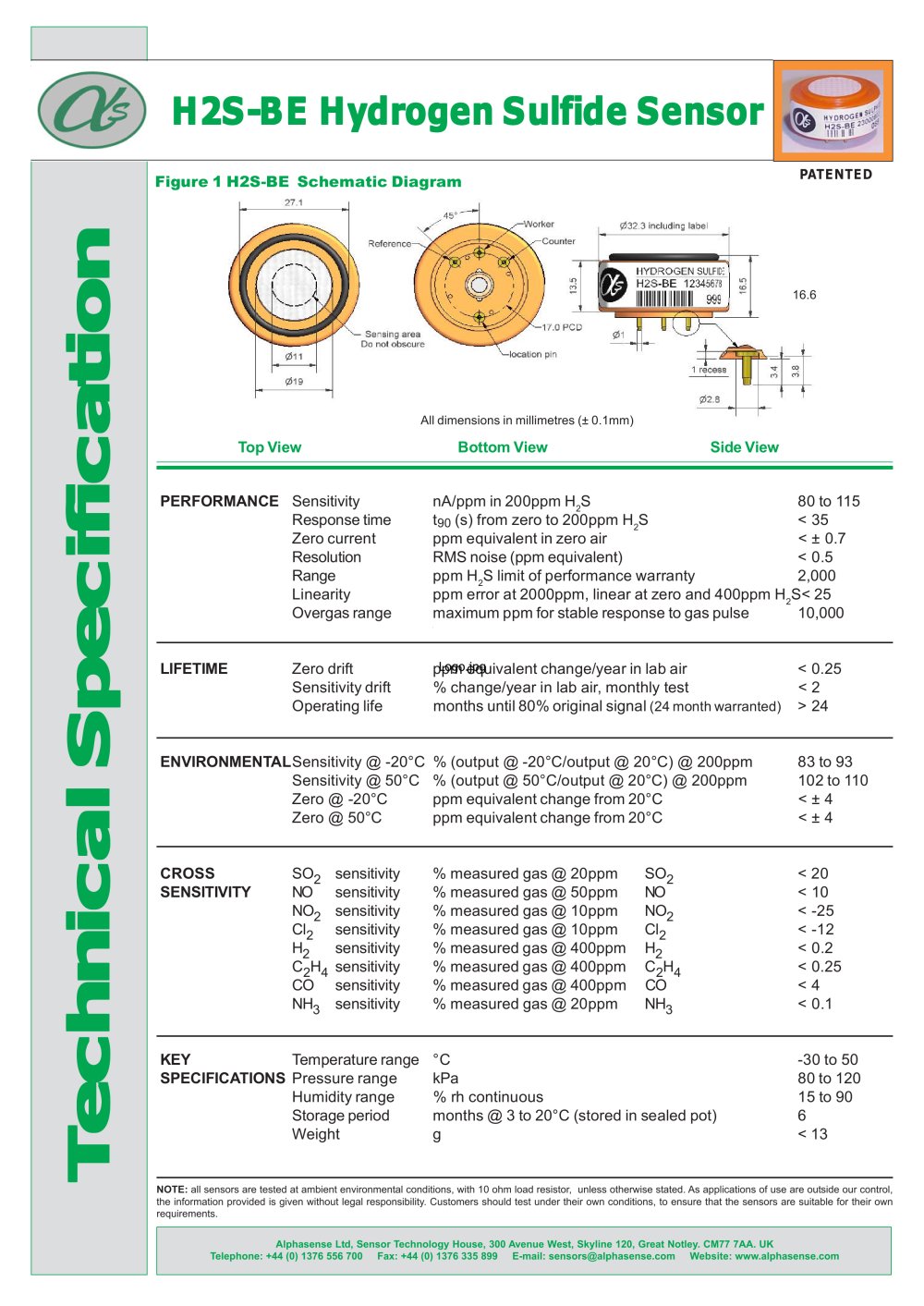 H2S-BE Hydrogen Sulfide Sensors - Alphasense