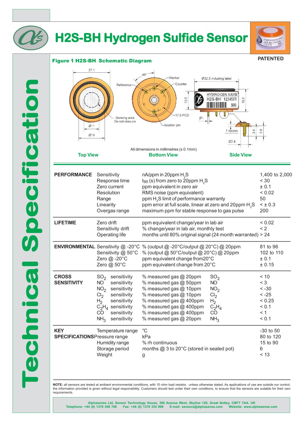 H2S-BH Hydrogen Sulfide Sensors - Alphasense