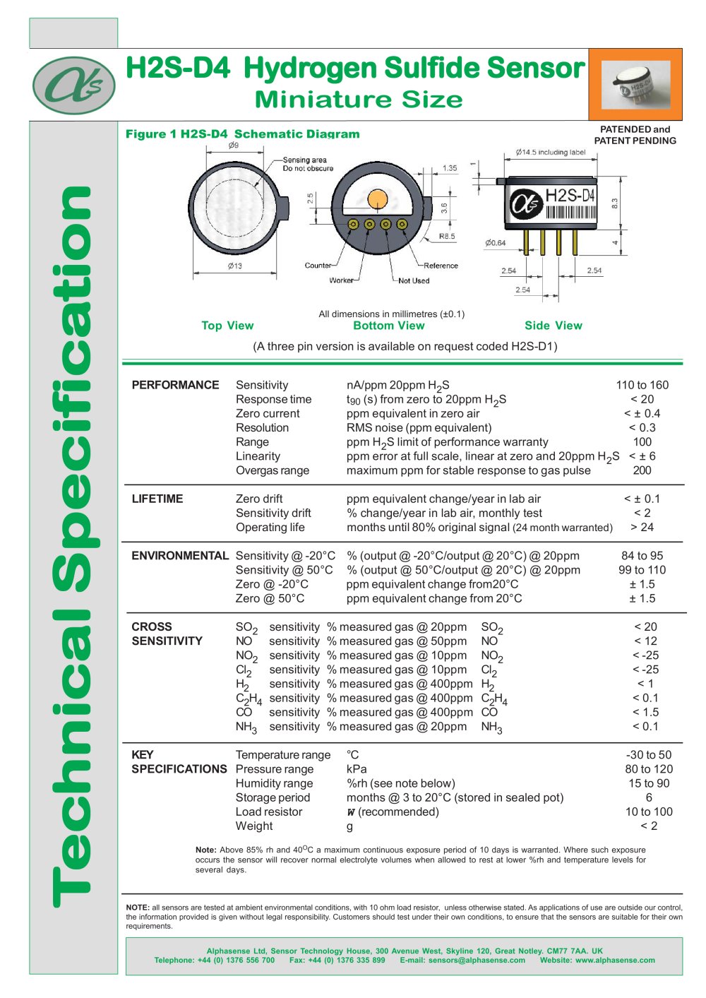 H2S-D4 Hydrogen Sulfide Sensors - Alphasense
