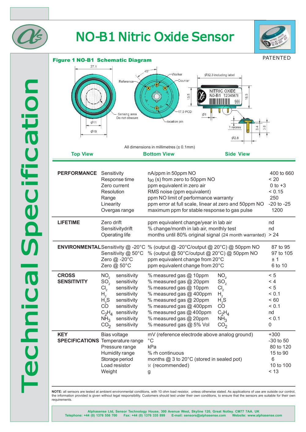 NO-B1 Nitric Oxide Sensors - Alphasense