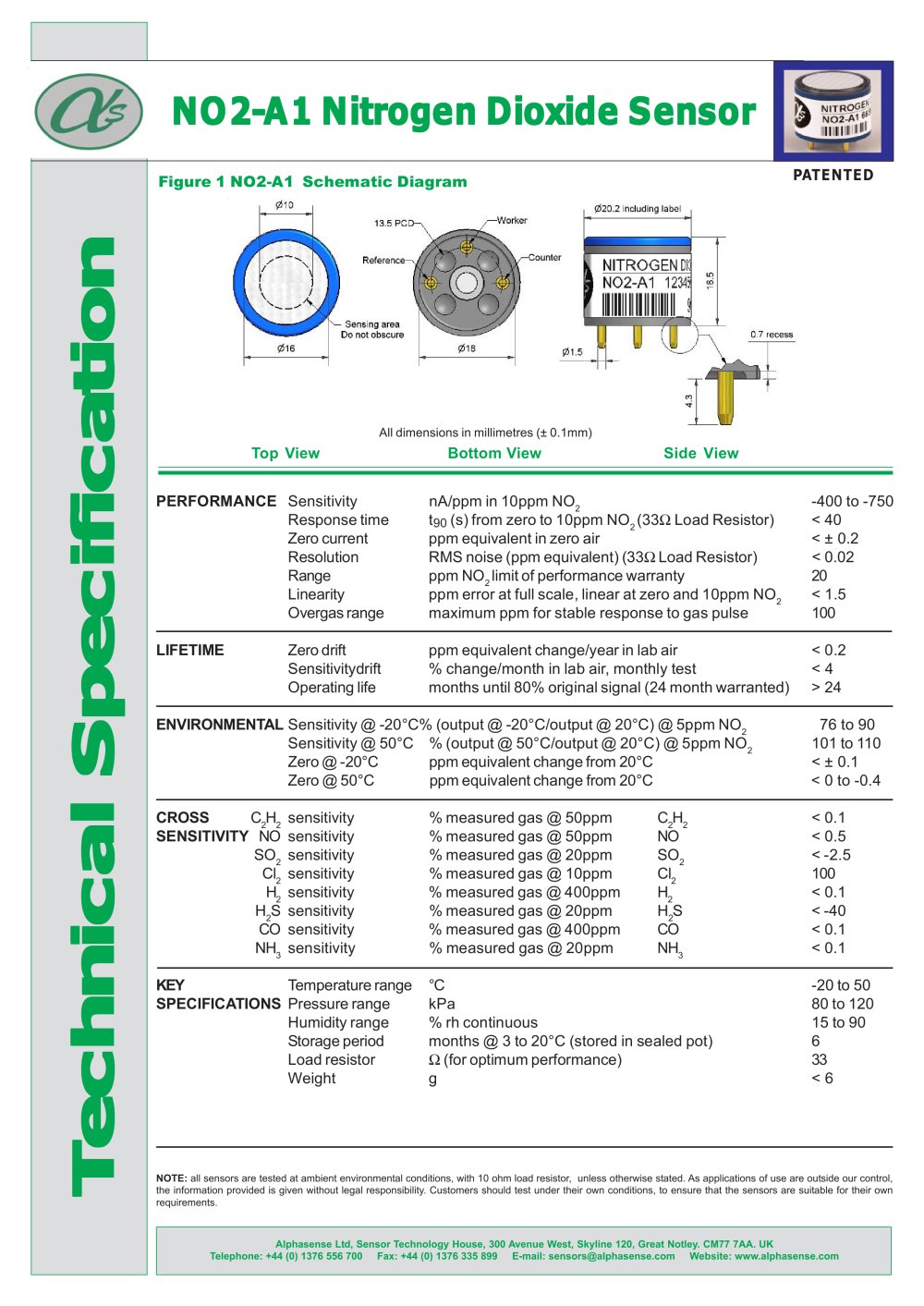 NO2-A1 Nitrogen Dioxide Sensors - Alphasense