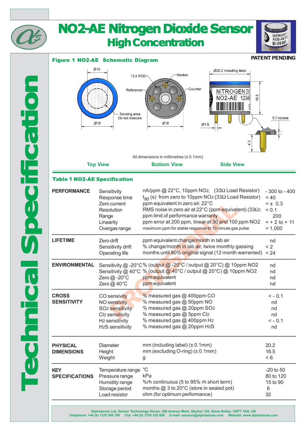NO2-AE Nitrogen Dioxide Sensors - Alphasense