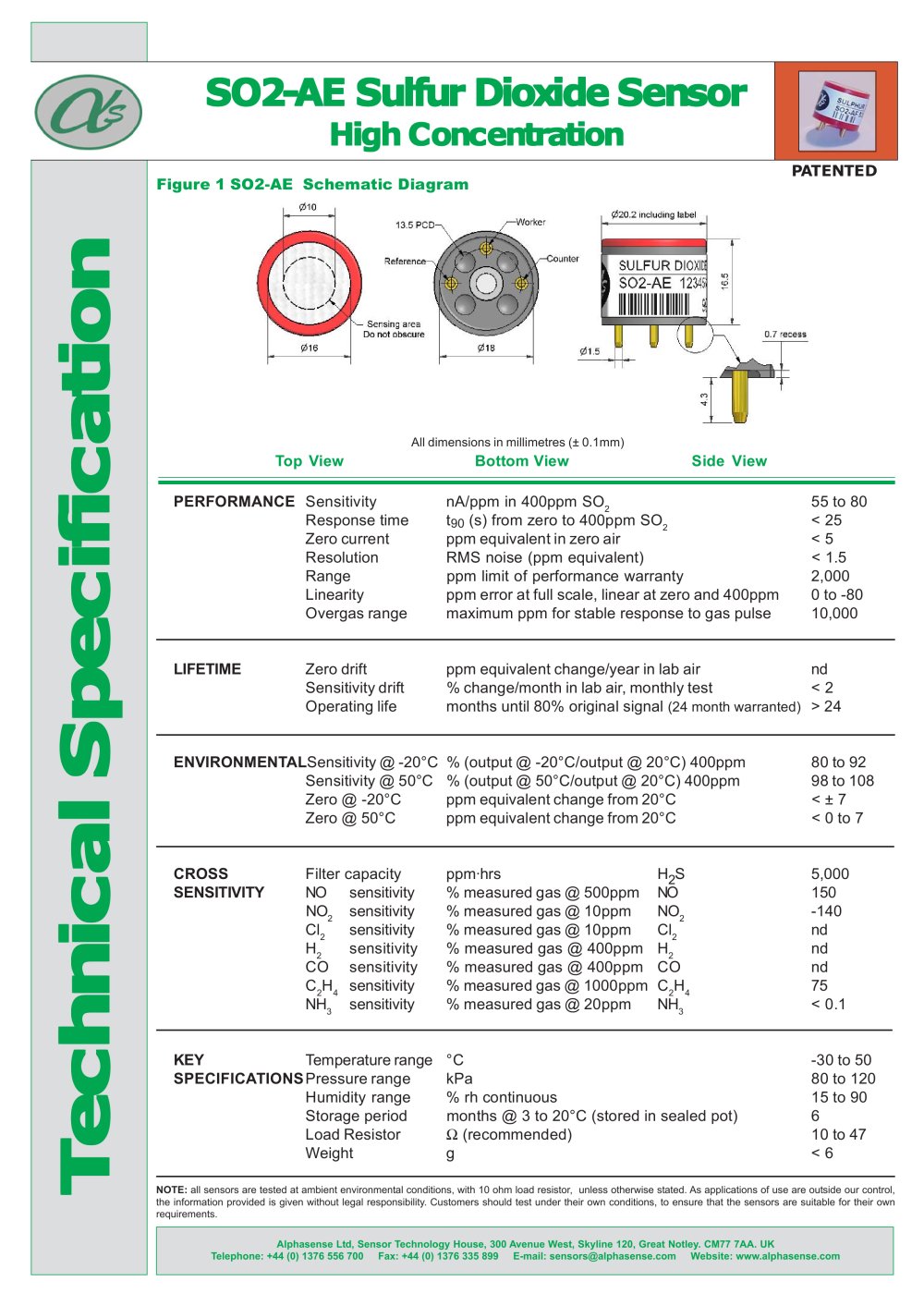 SO2-AE Sulfur Dioxide Sensors - Alphasense