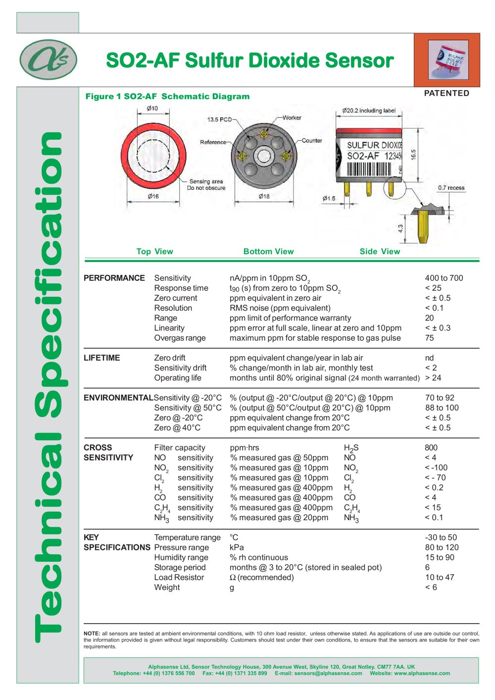 SO2-AF Sulfur Dioxide Sensors - Alphasense